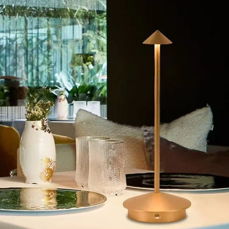Cordless Brass Cone Table Lamp – Rechargeable Minimalist LED Bedside Light