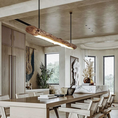 Japanese-Inspired Retro Rustic Wood Linear LED Pendant Light – Timber Hanging Light for Dining Room & Kitchen