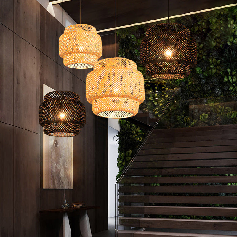 Handwoven Bamboo Pendant Light – Boho Natural Fiber Hanging Lamp for Dining Room