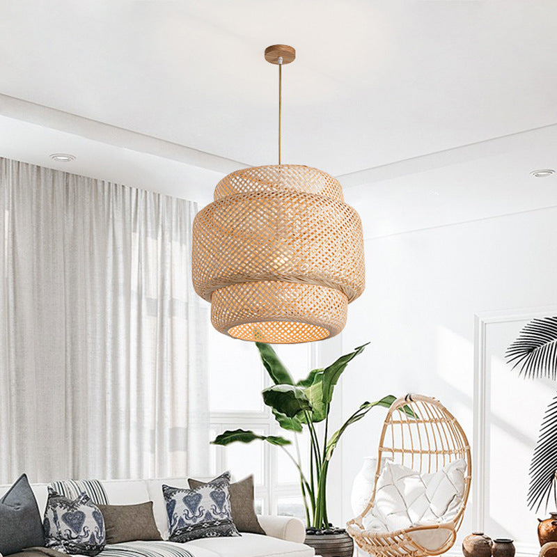 Handwoven Bamboo Pendant Light – Boho Natural Fiber Hanging Lamp for Dining Room