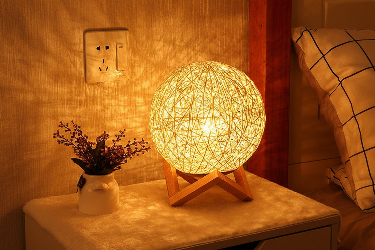 Bamboo Natural Fiber Night Light – Warm Glow Bedside Lamp for Bedroom