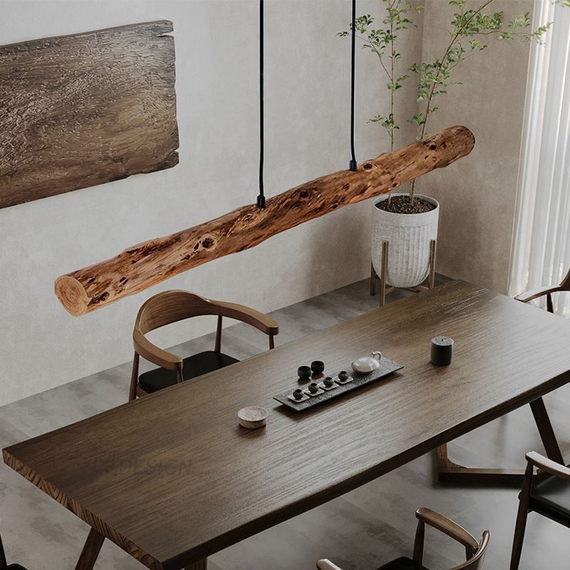 Japanese-Inspired Retro Rustic Wood Linear LED Pendant Light – Timber Hanging Light for Dining Room & Kitchen