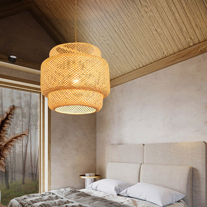 Handwoven Bamboo Pendant Light – Boho Natural Fiber Hanging Lamp for Dining Room