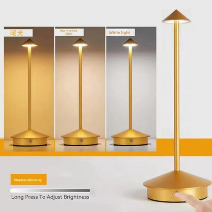 Cordless Brass Cone Table Lamp – Rechargeable Minimalist LED Bedside Light