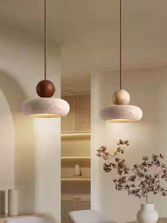 Natural Travertine Stone Pendant Light – Organic Hanging Lamp for Dining Room