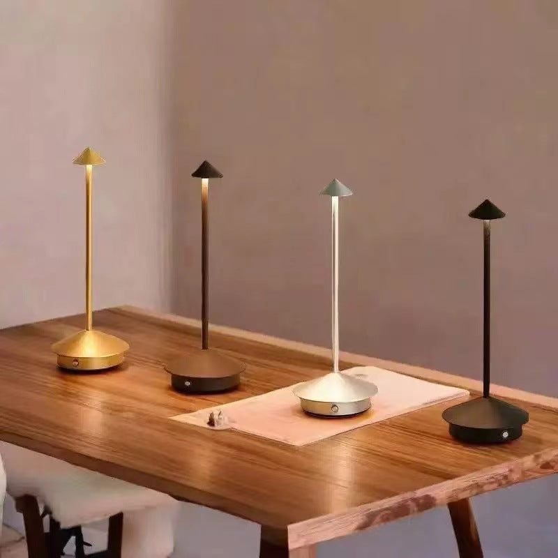 Cordless Brass Cone Table Lamp – Rechargeable Minimalist LED Bedside Light