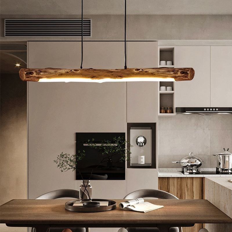 Japanese-Inspired Retro Rustic Wood Linear LED Pendant Light – Timber Hanging Light for Dining Room & Kitchen