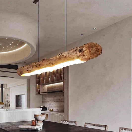 Japanese-Inspired Retro Rustic Wood Linear LED Pendant Light – Timber Hanging Light for Dining Room & Kitchen