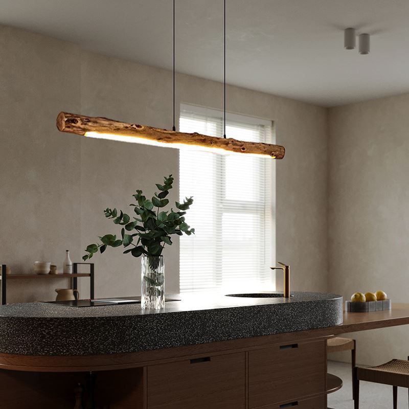 Japanese-Inspired Retro Rustic Wood Linear LED Pendant Light – Timber Hanging Light for Dining Room & Kitchen